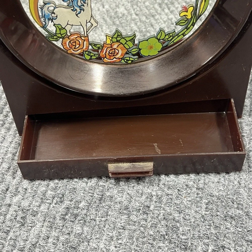 VTG 70's Yaps Brown Lucite Mirror Unicorn Floral Music Box Small‎ Drawer RARE